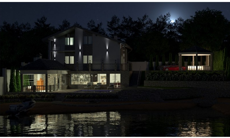Final exterior render, night, private house.
